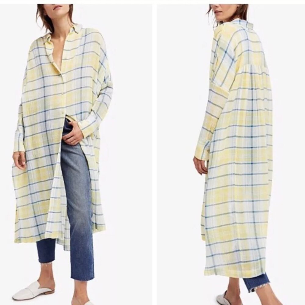 Free People By My Side Plaid Button-down Maxi Duster Dress In Ivory Size M